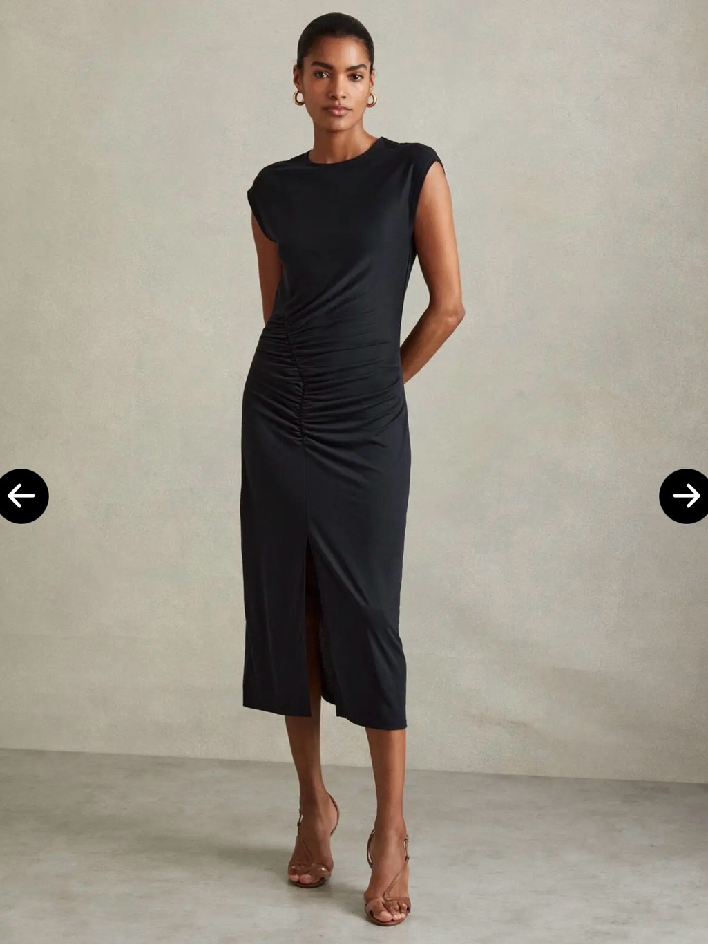 Reiss Black Ruched Midi Dress With Front Slit